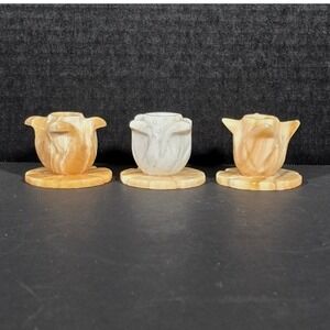 Set of 3 Vintage Carved Marble Onyx Stone Candle Stick Holder Tulip Design‎